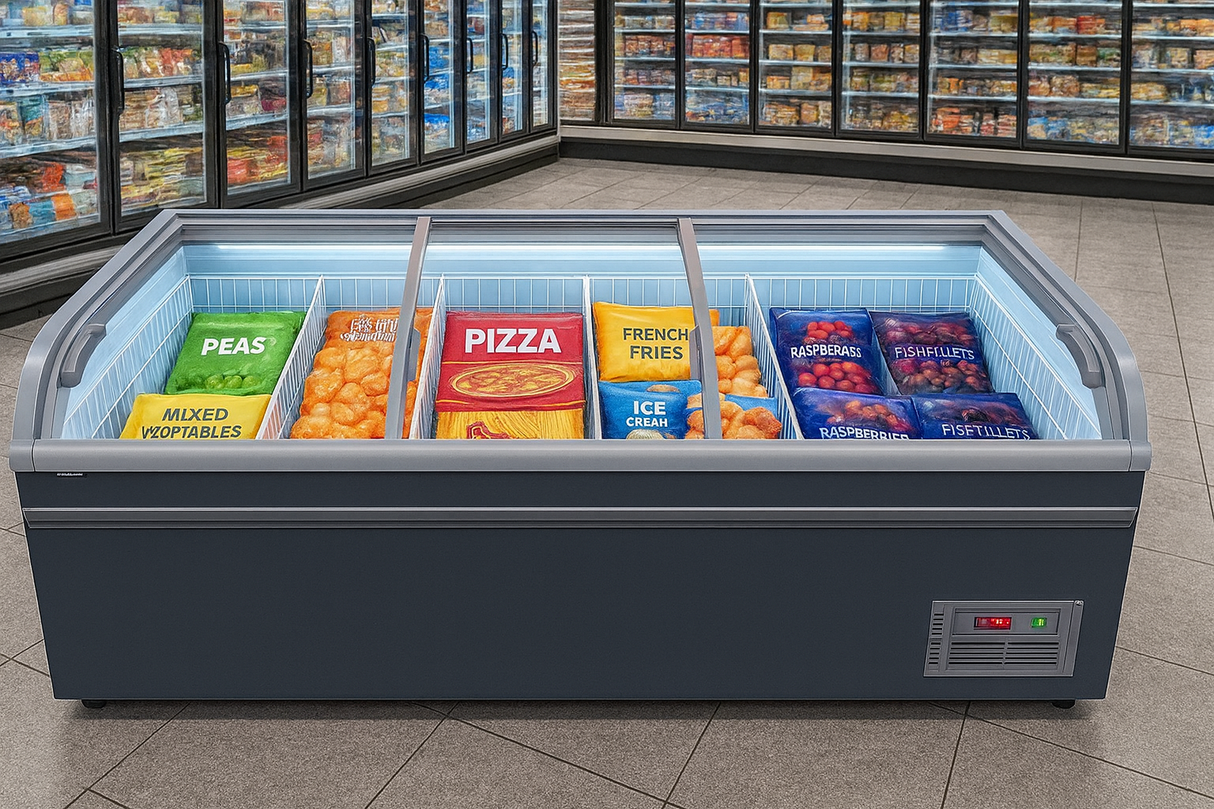 Frozen food display case with labeled sections in a grocery store.