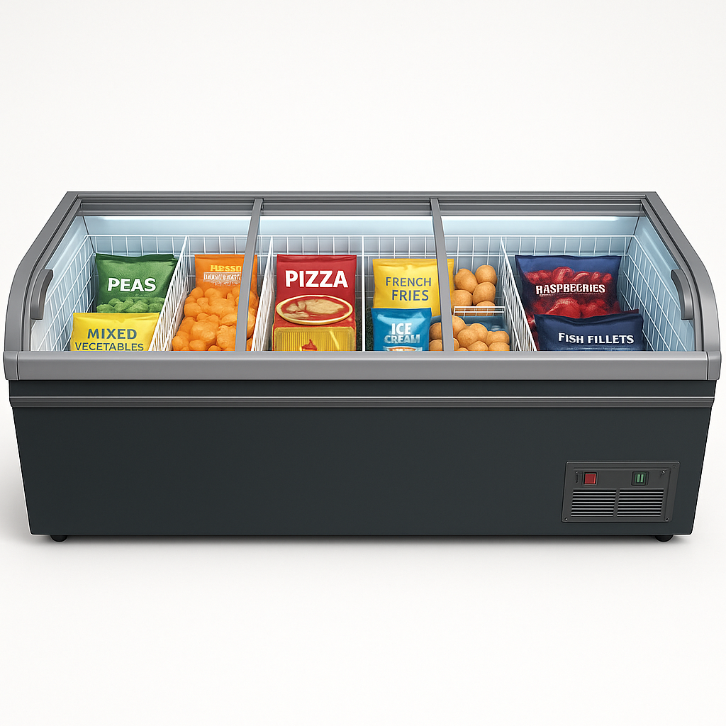 Display case with various food items labeled inside on a white background