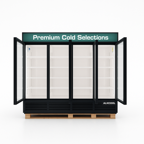 Glossary freezer with open doors labeled 'Premium Cold Selections' on a white background