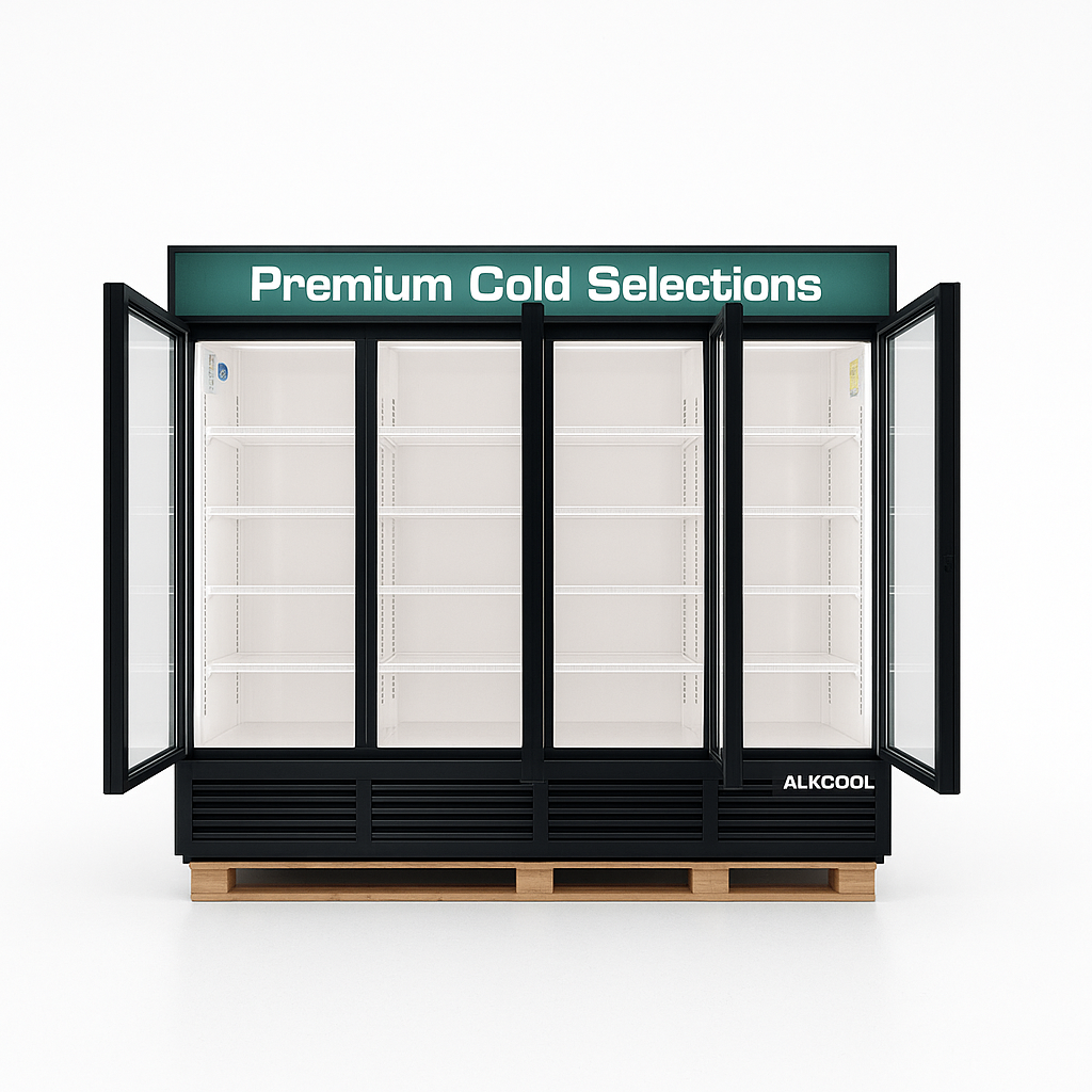 Glossary freezer with open doors labeled 'Premium Cold Selections' on a white background