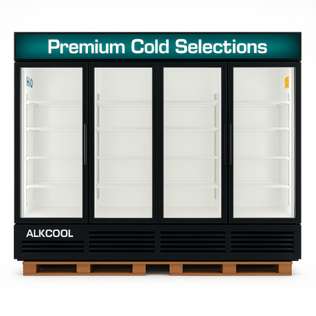 Large commercial freezer with glass doors labeled 'Premium Cold Selections' on a white background