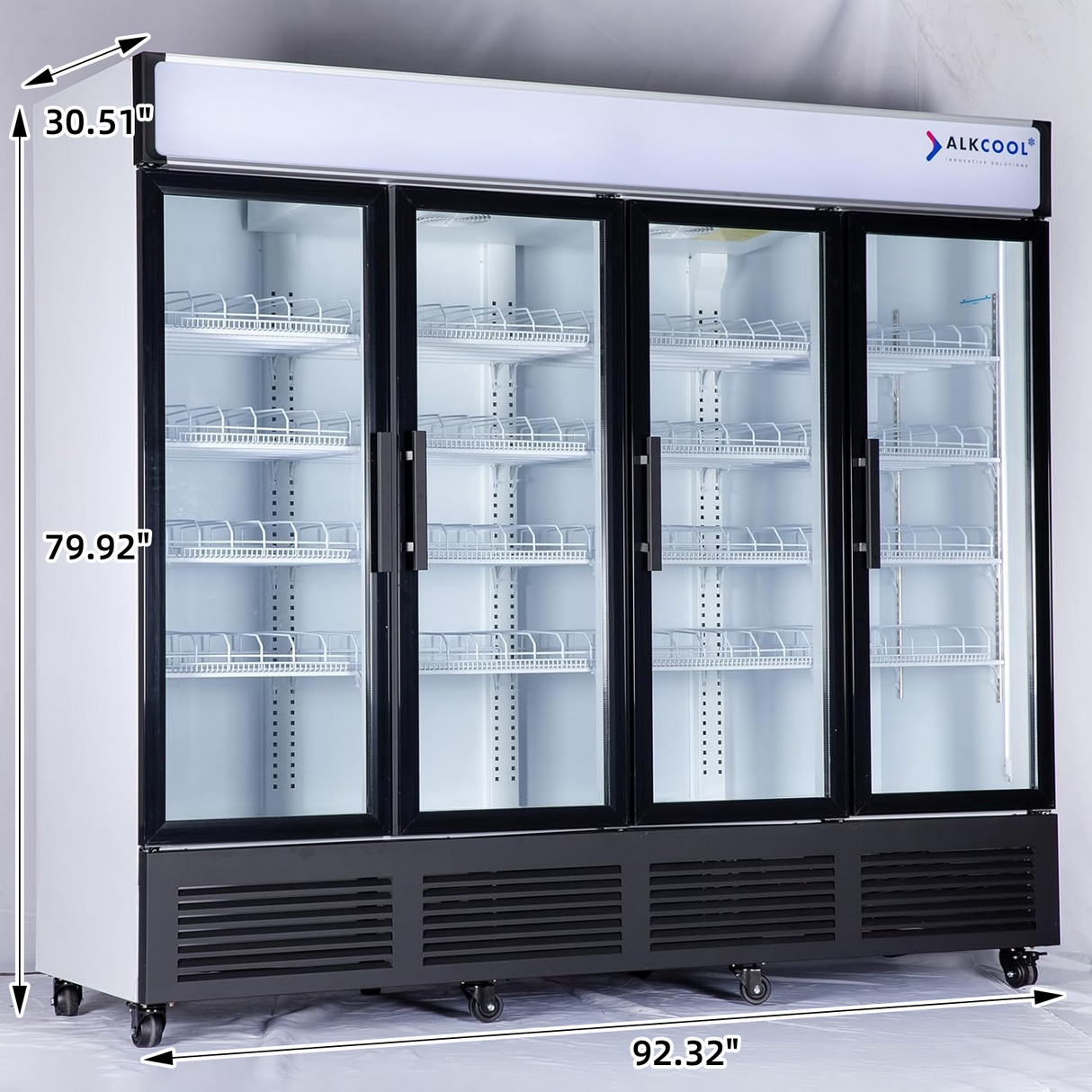 Large commercial freezer with glass doors and ALKCOOL branding, shown with dimensions.