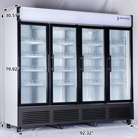Large commercial freezer with glass doors and ALKCOOL branding, shown with dimensions.