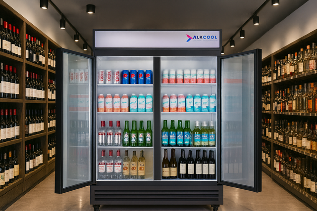Alkool refrigerator stocked with various bottles in a liquor store setting