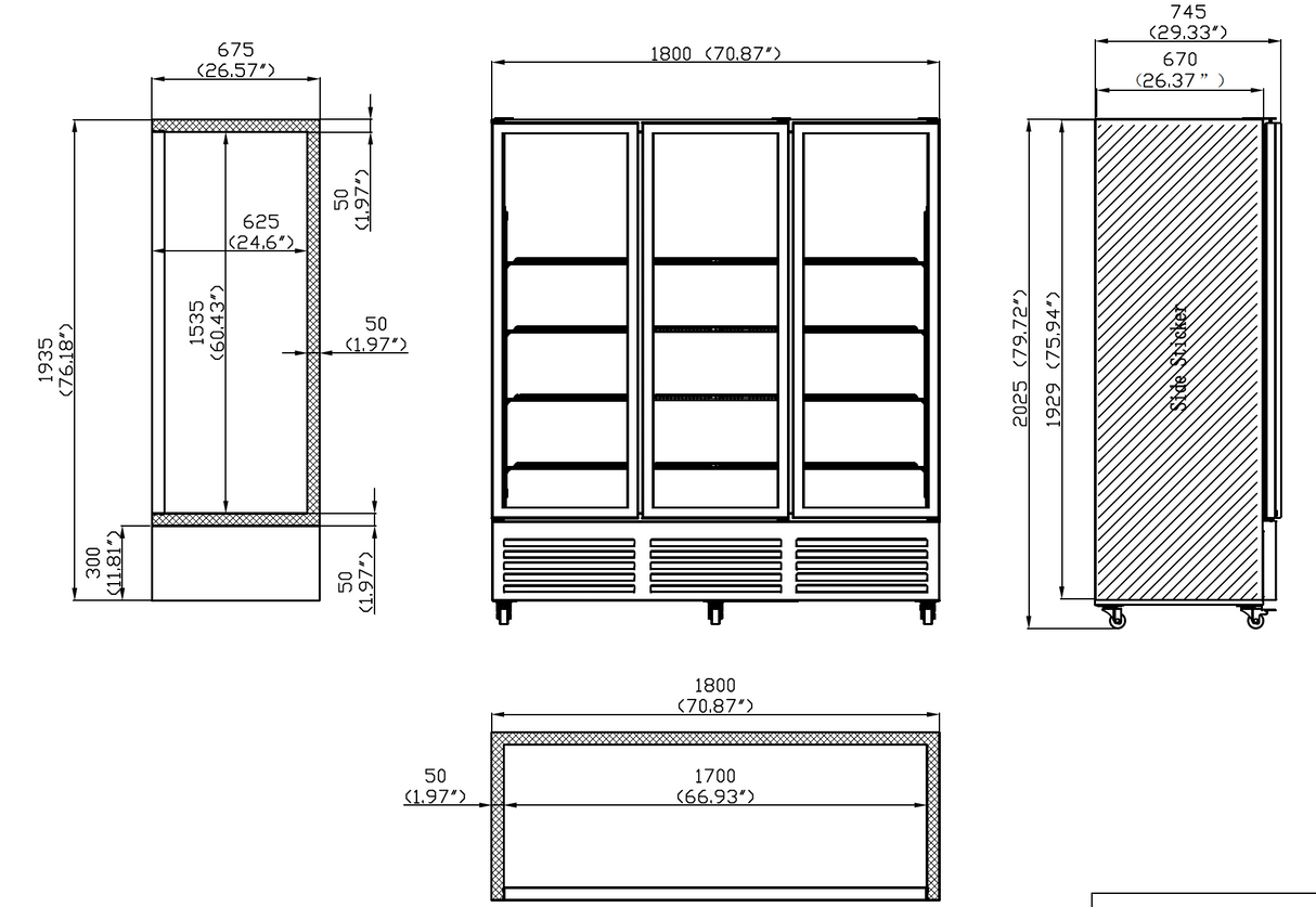 Technical drawing of a refrigerator with dimensions labeled