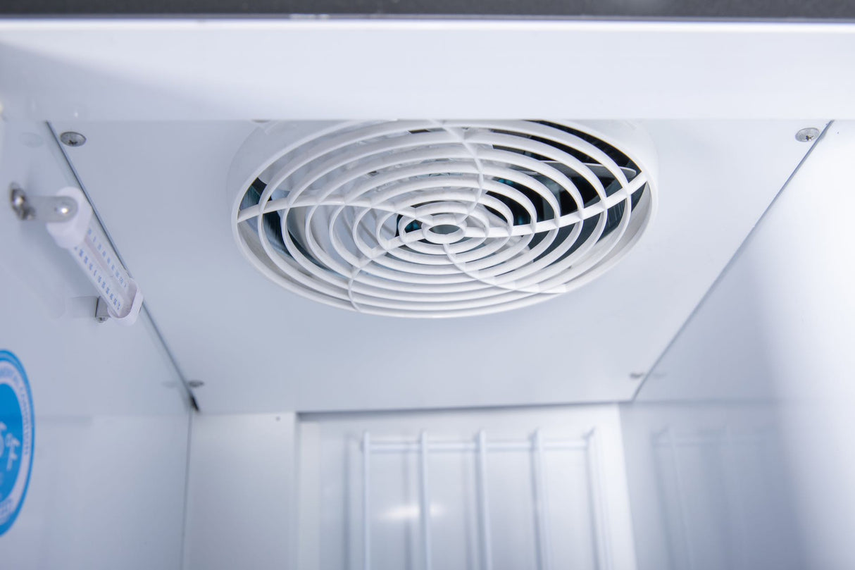 The NAFCOOL SDGF-15 upright freezer combines durability with design. Features rust-resistant galvanized steel, five epoxy-coated shelves, and a right-hinged glass door for easy access.