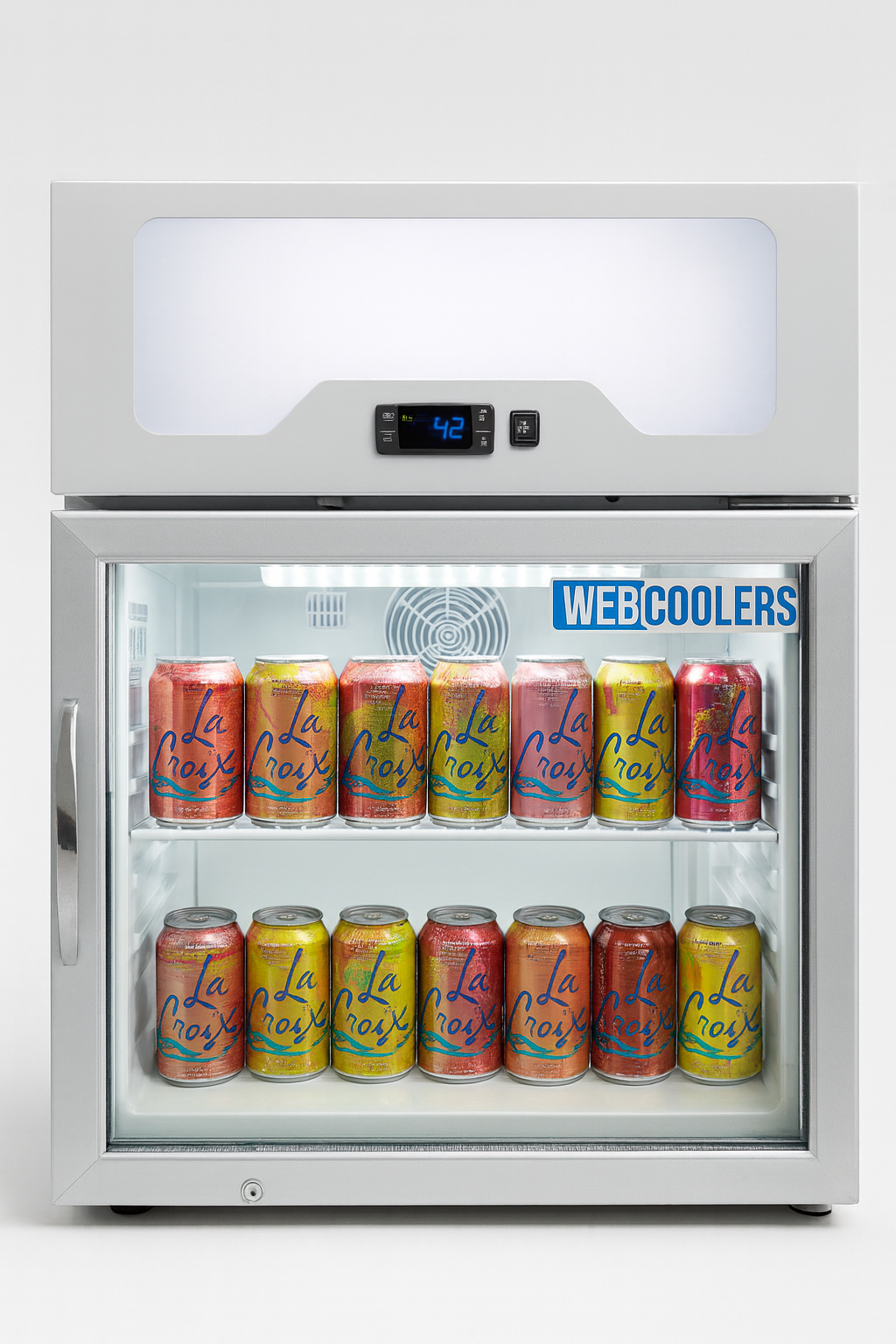Fridge with colorful cans of La Croix inside, branded 'WEBCOOLERS'.