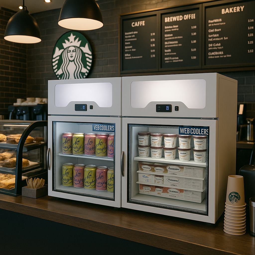 Starbucks store interior with a refrigerator displaying beverages and pastries.