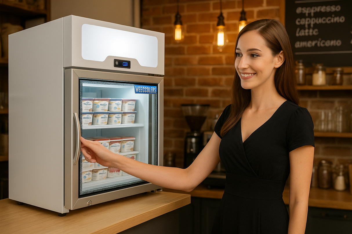 Woman opening a modern refrigerator in a kitchen setting