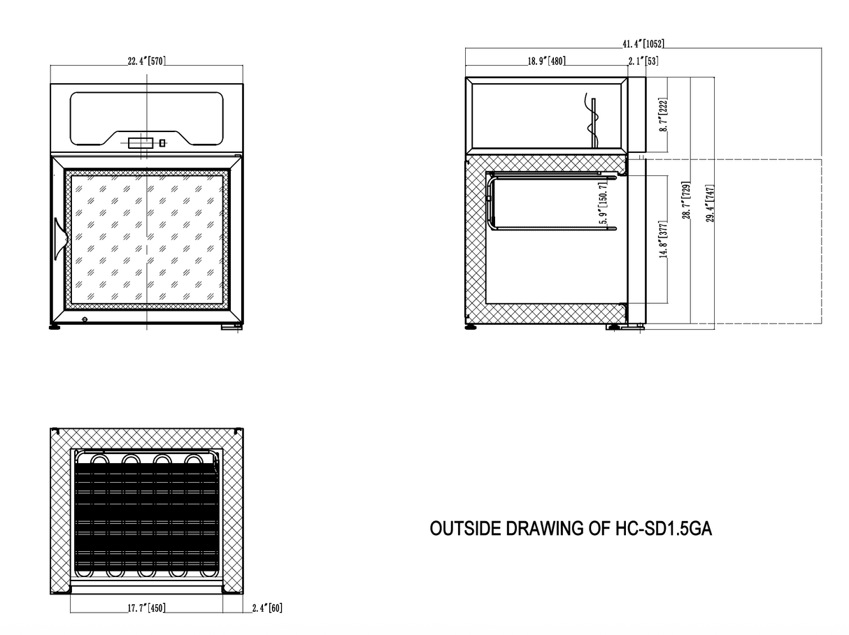 Technical drawing of a kitchen cabinet with dimensions labeled