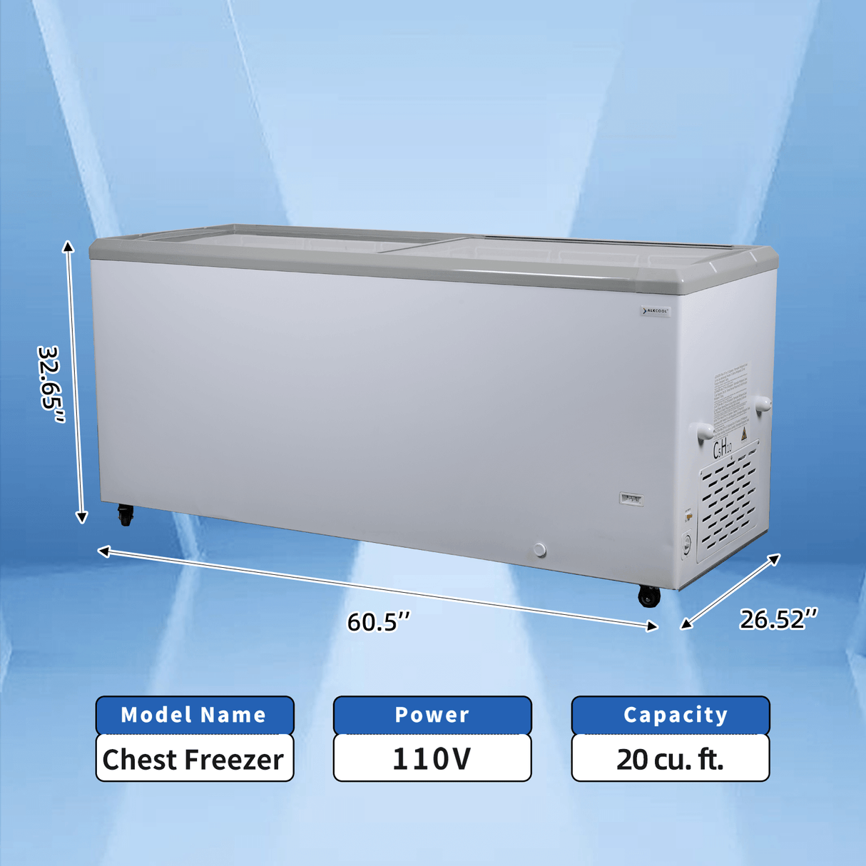 Side view of NAFCOOL horizontal freezer in white with reinforced lid
