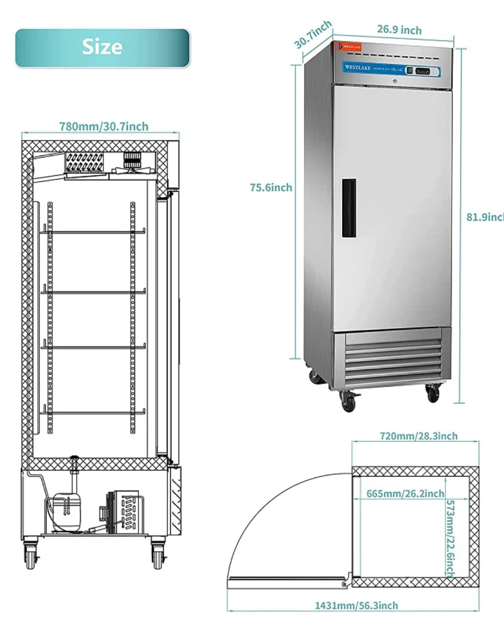 Stainless steel refrigerator with dimensions labeled on a white background