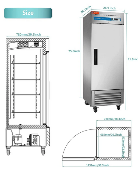 Stainless steel refrigerator with dimensions labeled on a white background