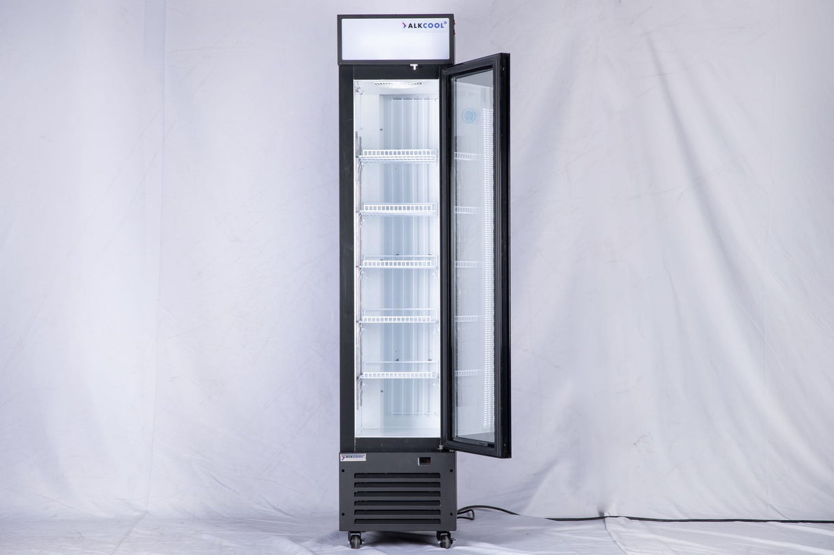 This commercial-grade upright freezer by NAFCOOL features a sleek black exterior, dual-pane insulated glass door, five adjustable shelves, and energy-saving design perfect for foodservice businesses.