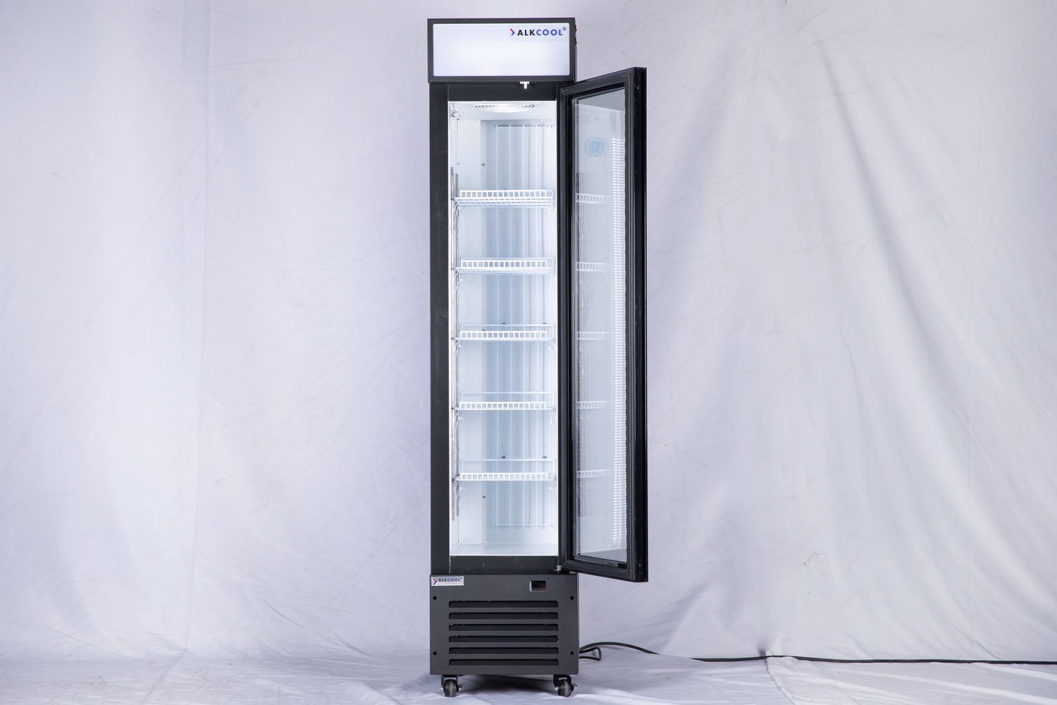 This commercial-grade upright freezer by NAFCOOL features a sleek black exterior, dual-pane insulated glass door, five adjustable shelves, and energy-saving design perfect for foodservice businesses.