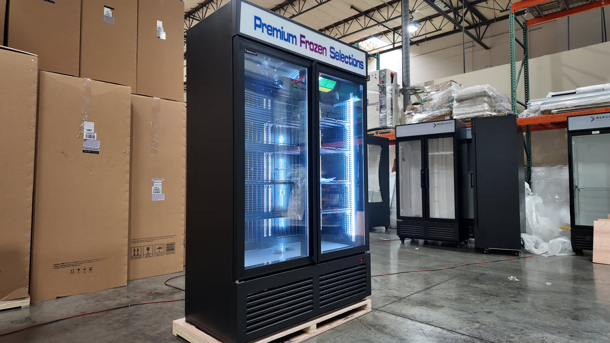 Large capacity commercial freezer with clear LED lighting and self-closing doors