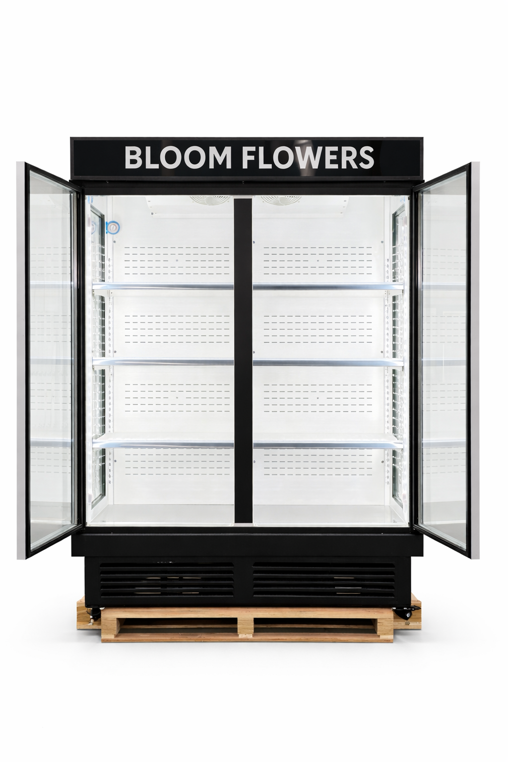 Commercial refrigerator with 'Bloom Flowers' branding on a white background