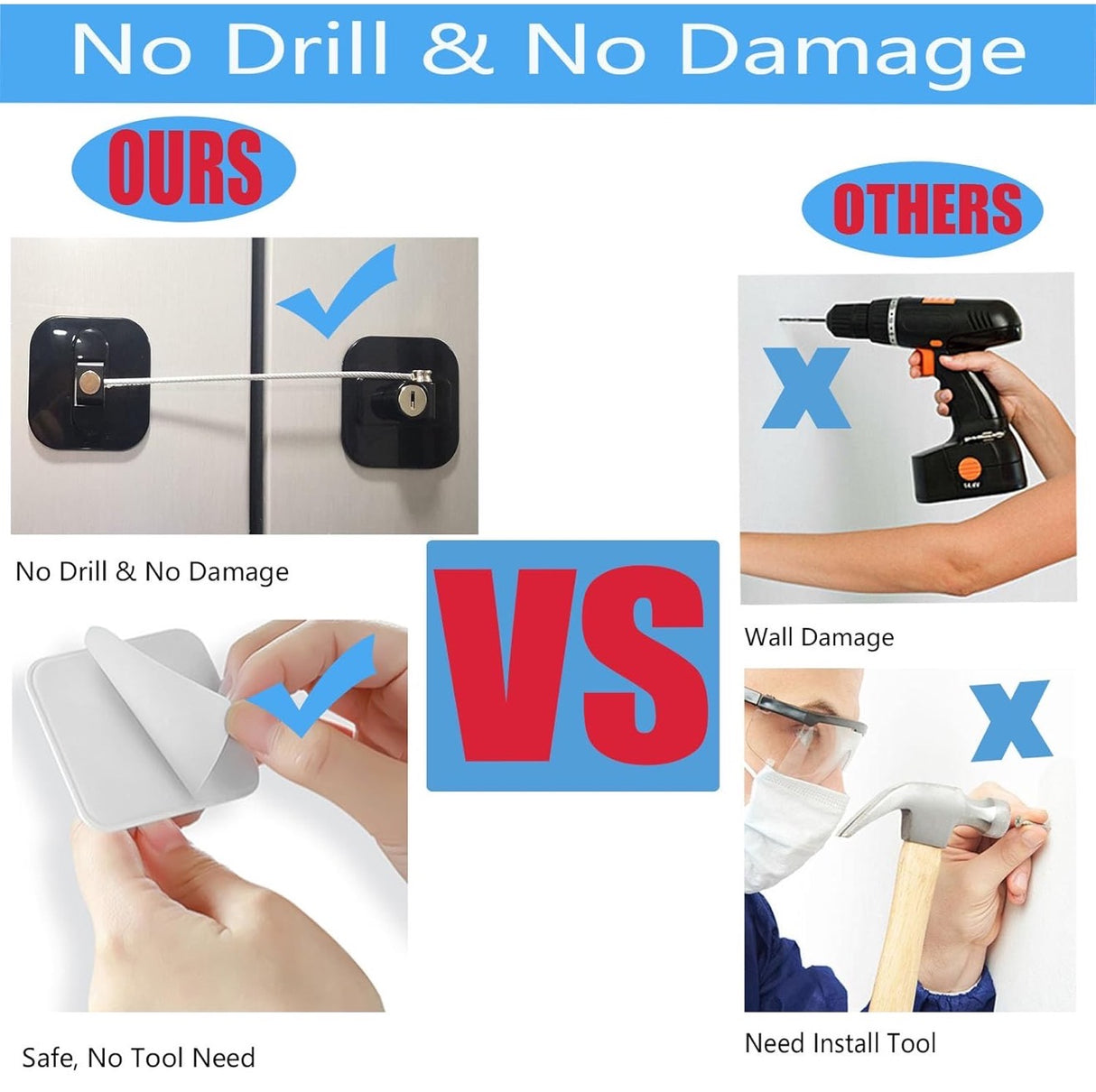 Comparison of a product with and without drilling, showing 'No Drill & No Damage' feature.