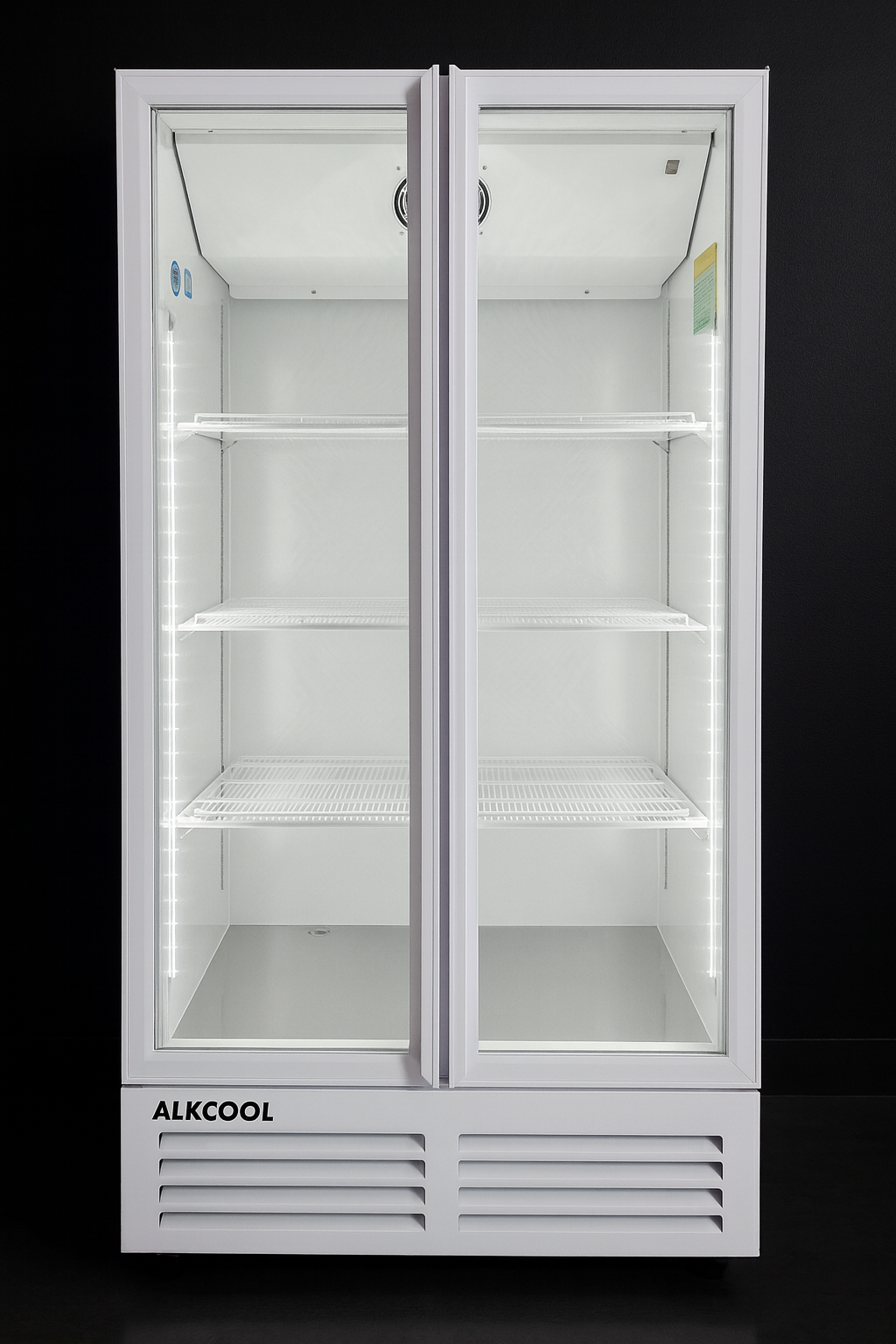 White refrigerator with glass doors on a black background