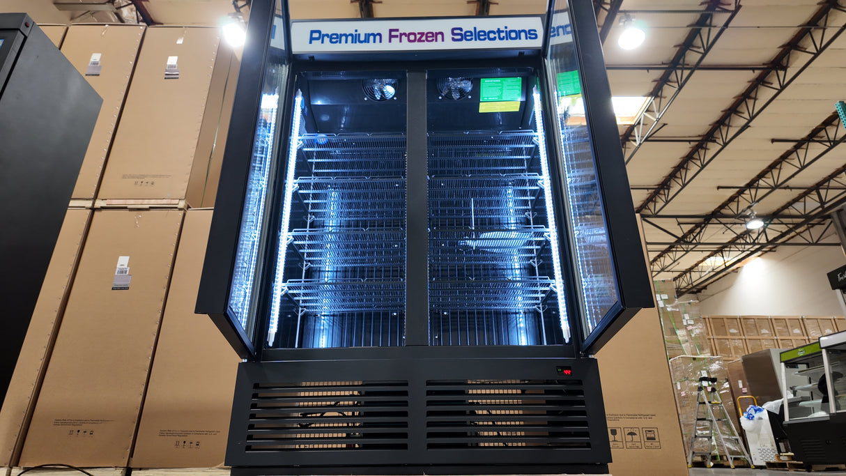 Upright commercial freezer with Carel digital controller and double-pane glass doors