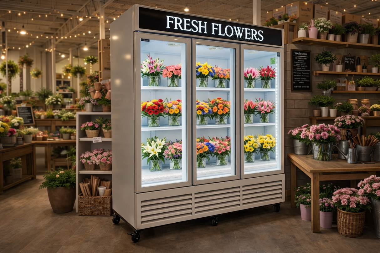 Pearl White Customized Flower Display Three Glass Door Refrigerator Width 72''