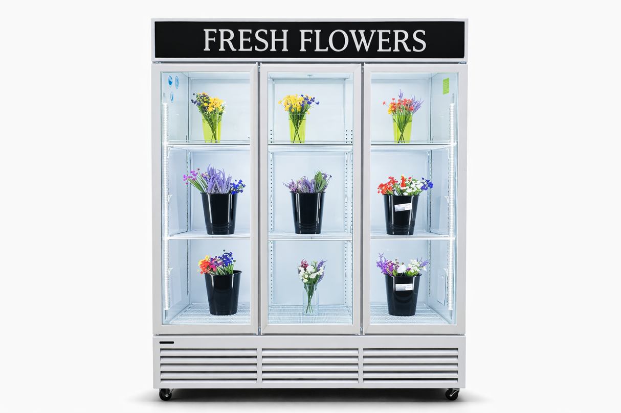 Pearl White Customized Flower Display Three Glass Door Refrigerator Width 72''