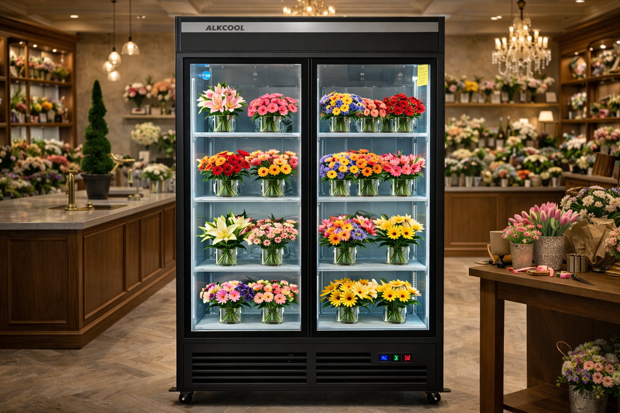 NAFCOOL FLORAL TWO SECTION GLASS DOOR REFRIGERATOR 47.2'' SLIDING DOOR GDR47(S)