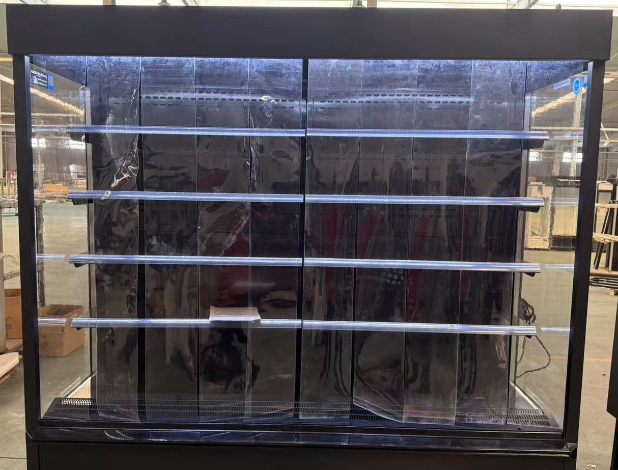 Display case with glass doors in a store setting