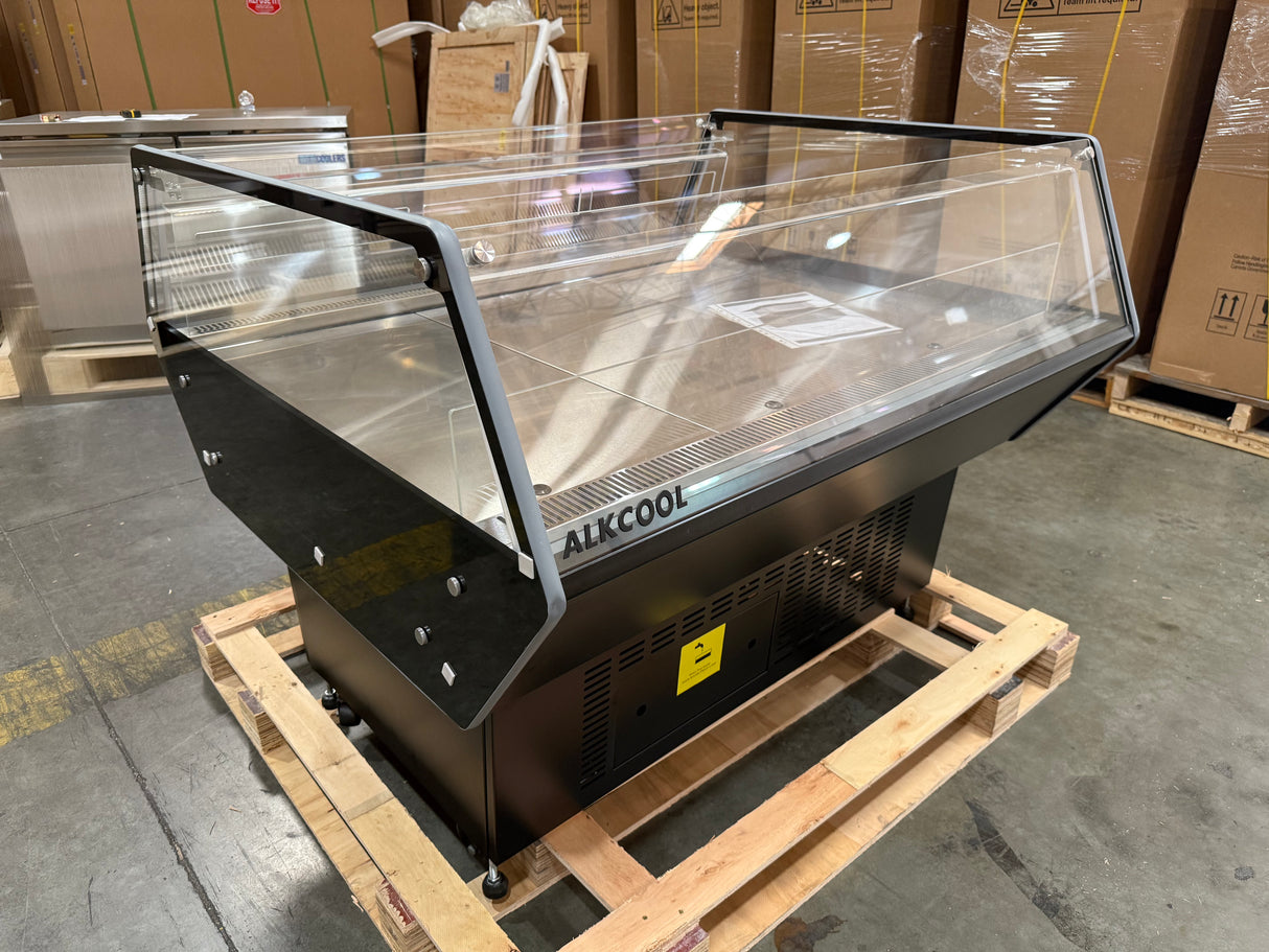 Cold display case on a pallet in a warehouse setting with 'ALKCOOL' branding.