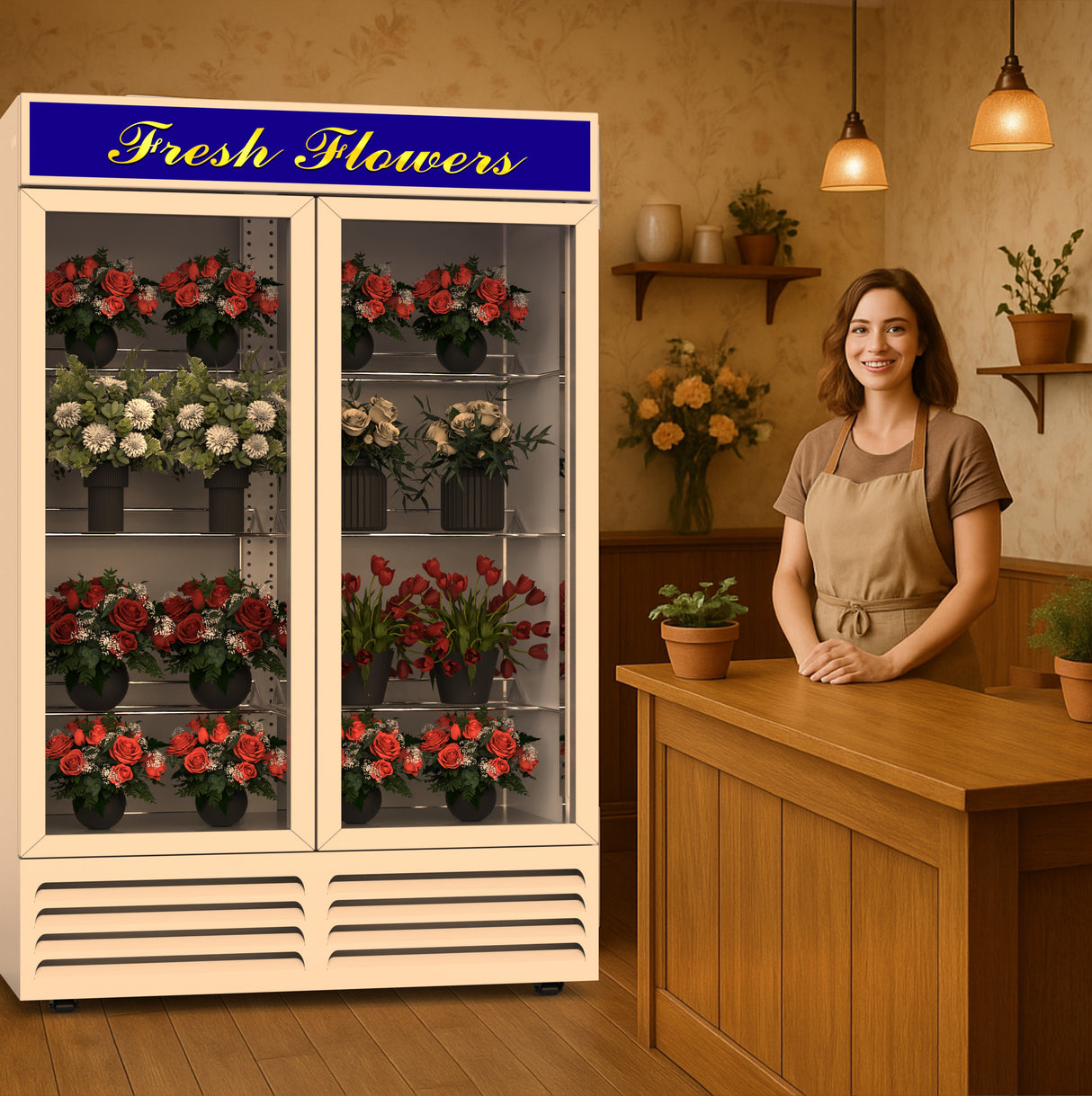 NAFCOOL WHITE FLORAL TWO SECTION GLASS DOOR REFRIGERATOR 47.2'' SWING DOOR GDR47(H)