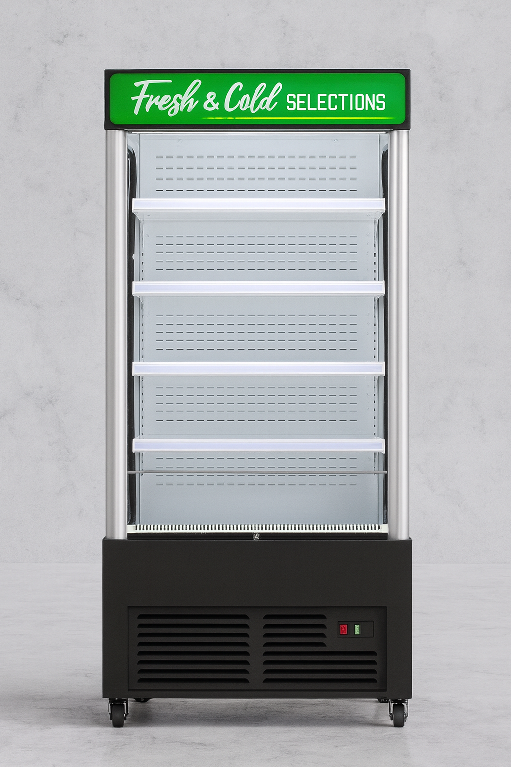 Commercial refrigerator with 'Fresh & Cold Selections' sign on a gray background