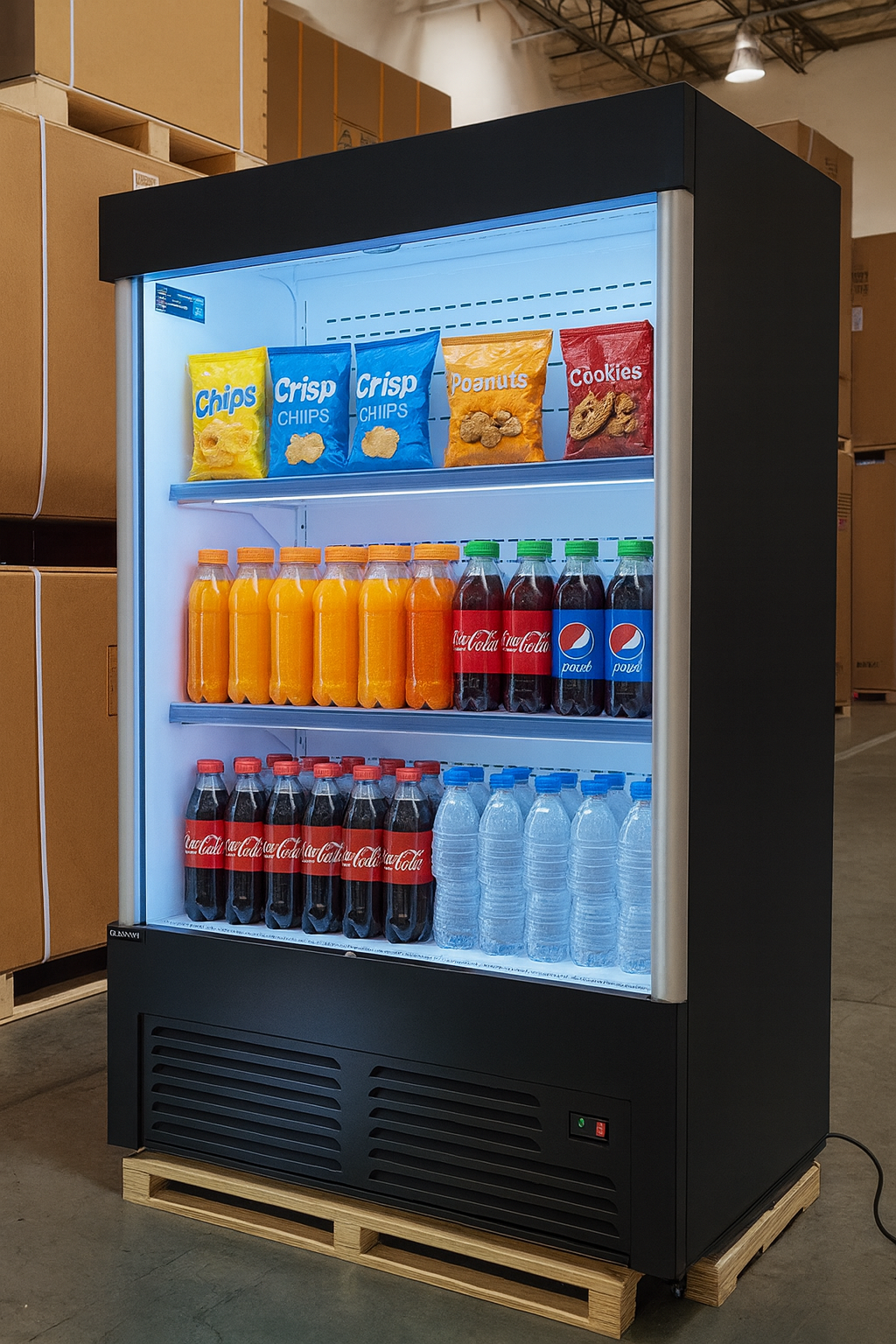 Refrigerator stocked with drinks and snacks in a warehouse setting