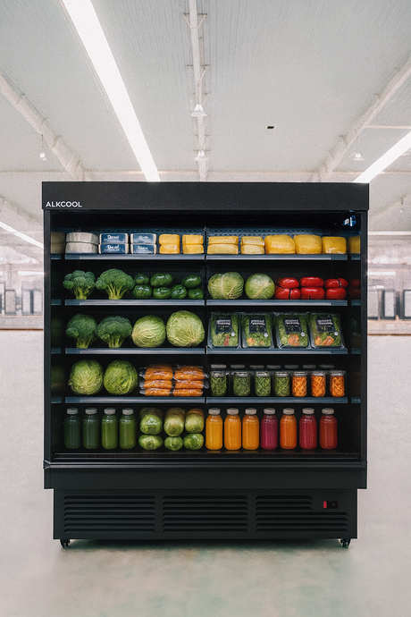 Alkool refrigerator displaying a variety of fresh produce and drinks in a store setting.
