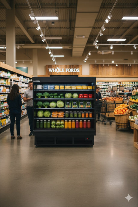 Grocery store interior with a Whole Foods display and customers browsing.