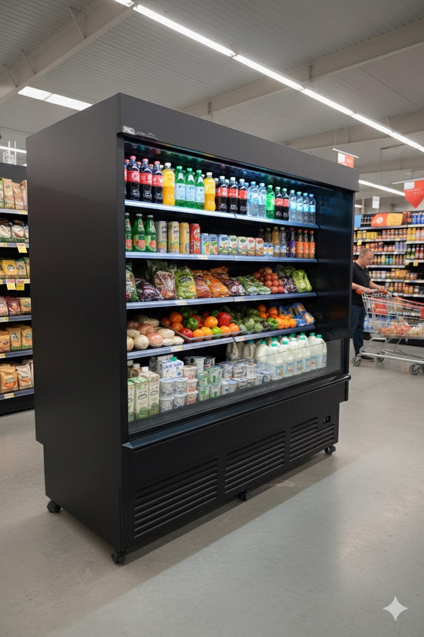 Large refrigerated display case in a grocery store with various products.