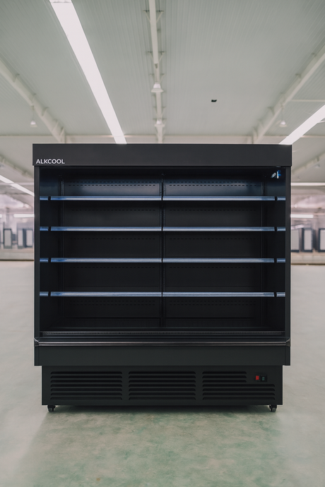 Black industrial freezer with 'AUKCOOL' branding on a white floor and light gray walls.