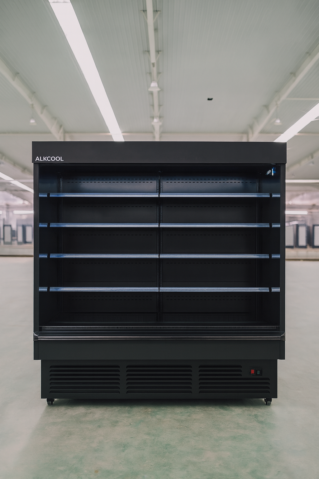 Black industrial freezer with 'AUKCOOL' branding on a white floor and light gray walls.