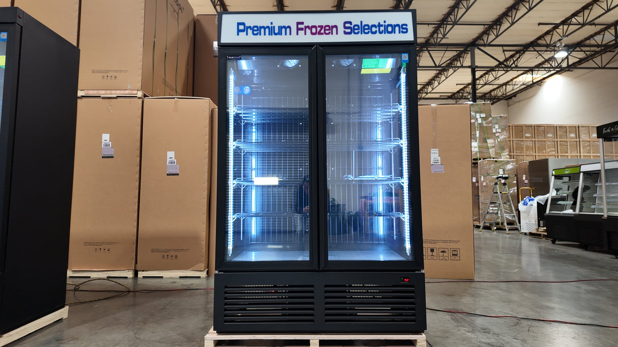 Commercial upright freezer with double glass doors and Carel digital controller