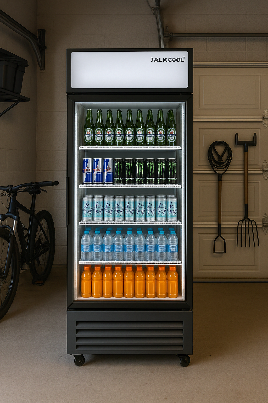 Black Jalkool refrigerator with drinks on wheels in a garage setting