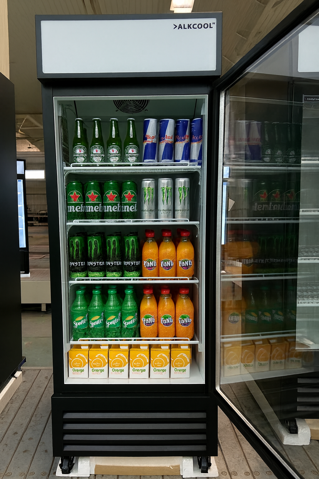 Alkcool refrigerator stocked with various drinks including Heineken, Red Bull, and Fanta.