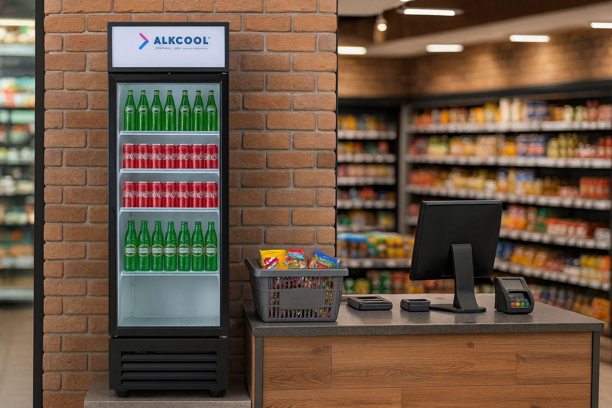 Alkcool refrigerator in a store setting with a checkout counter.
