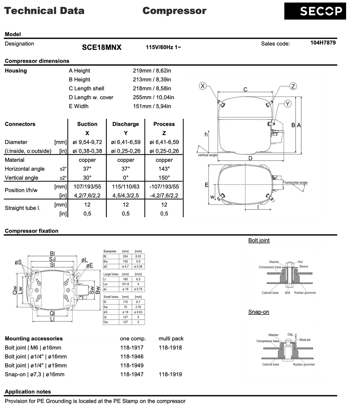 SECOP SCE18MNX 115/60 R290 104H7879 Compressor