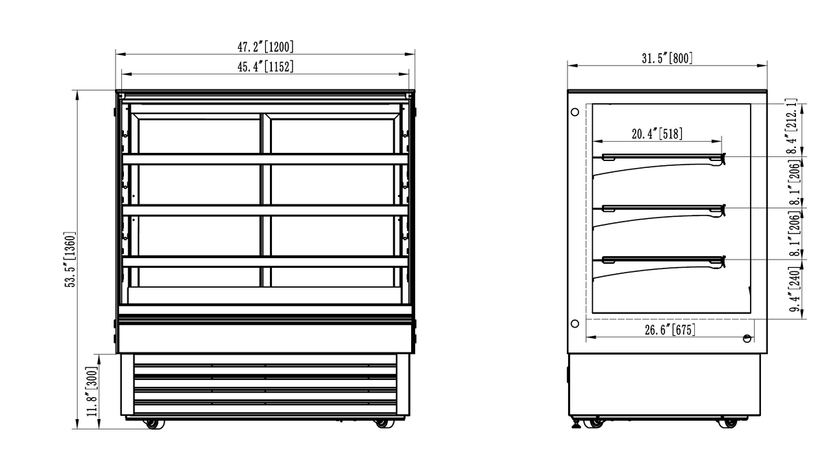 Technical drawing of a refrigerator with dimensions labeled