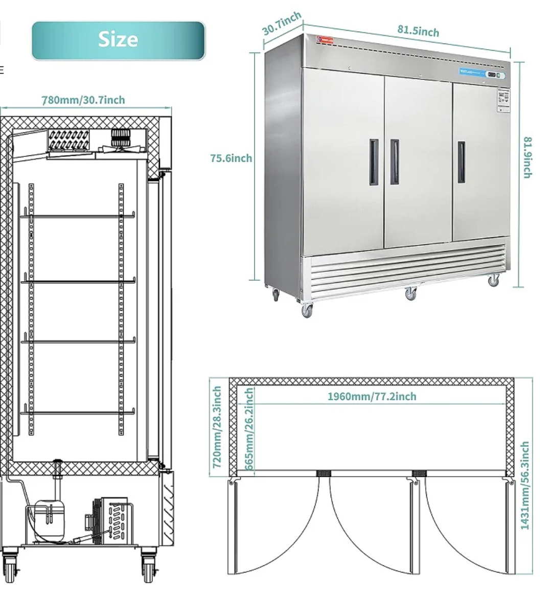 Reach In 81'' wide Three Door Refrigerator 63 Cu.ft 3 Solid Door ETL Sanitation APPROVED