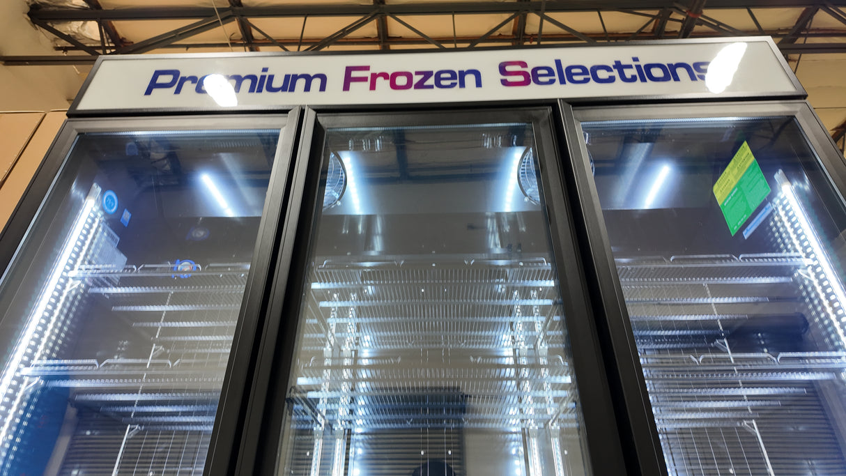 Commercial glass door freezer with black exterior and bright LED interior lights
