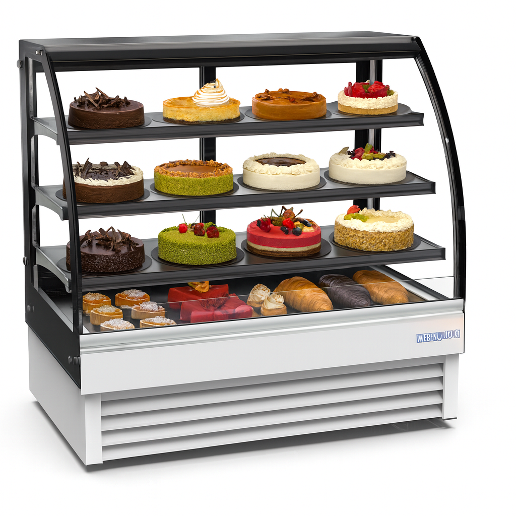 Display case with various types of cakes and pastries on a white background