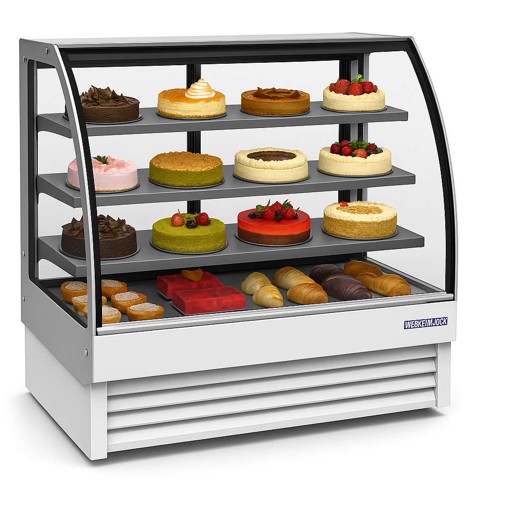 Display case with various pastries and desserts on a white background