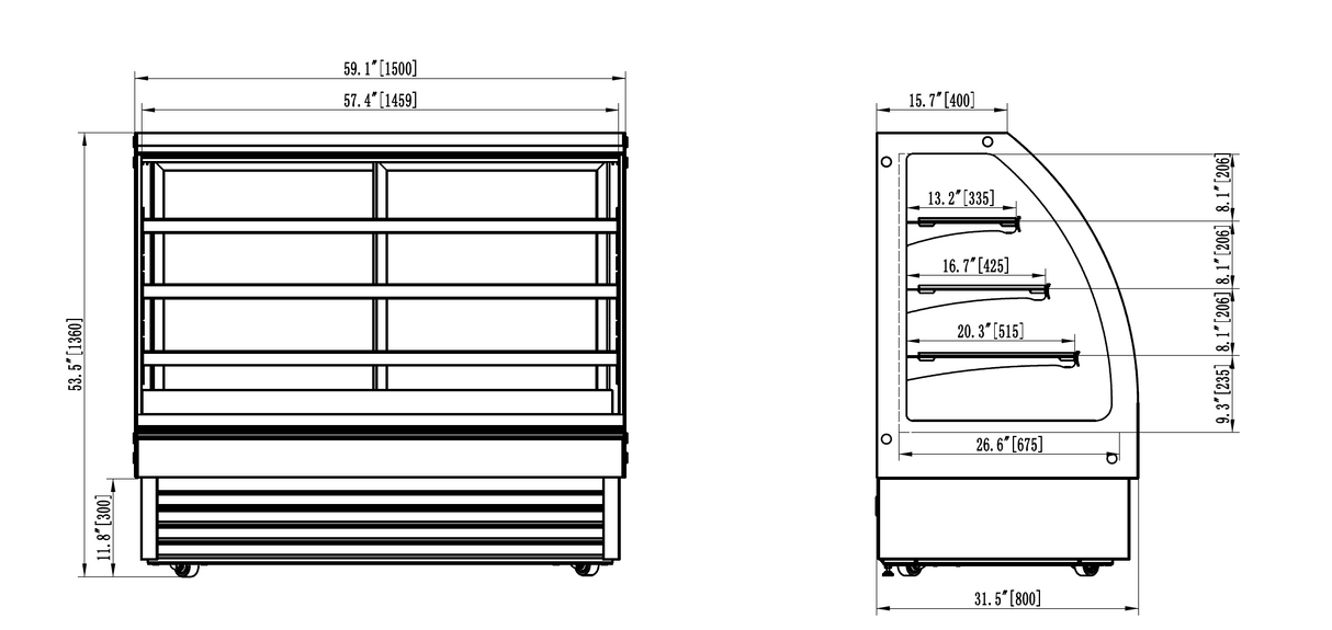 Technical drawing of a refrigerator with dimensions labeled
