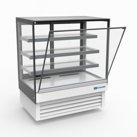 Display cooler with glass front on a white background