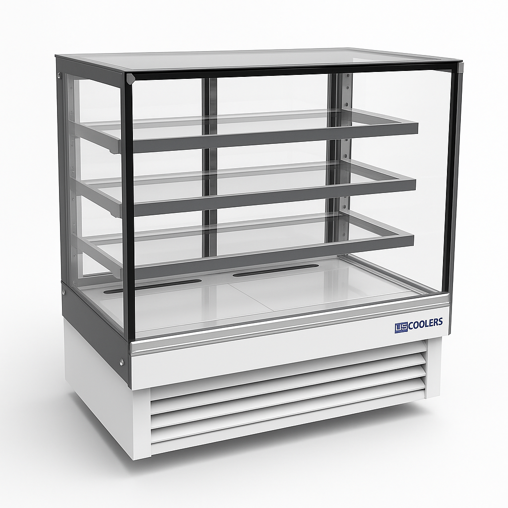 Display case with glass front and metal frame on a white background